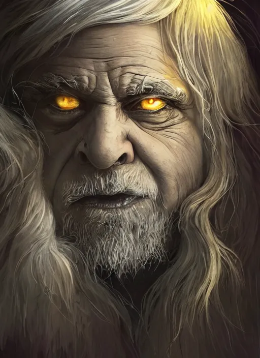 Prompt: Portrait of Danny DeVito, white glowing eyes, silver shaggy hair, cloak, ethereal wings, male, fantasy, extremely detailed, digital painting, artstation, concept art, smooth, sharp focus, illustration, stunning lighting, art by artgerm and greg rutkowski and alphonse mucha and simon stalenhag, realistic character concept, high fantasy, light atmosphere, golden ratio, cinematic lighting, hyperdetailed, high resolution, insanely detailed and intricate, artstation, Marc Simonetti, Greg Rutkowski, 8k