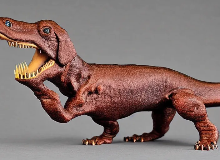 Image similar to Dachshund Tyrannosaurus Rex, natural history diorama by James Perry Wilson