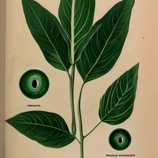 Prompt: botanical illustration of a schafugnan, a green plant with eyeballs instead of ovaries