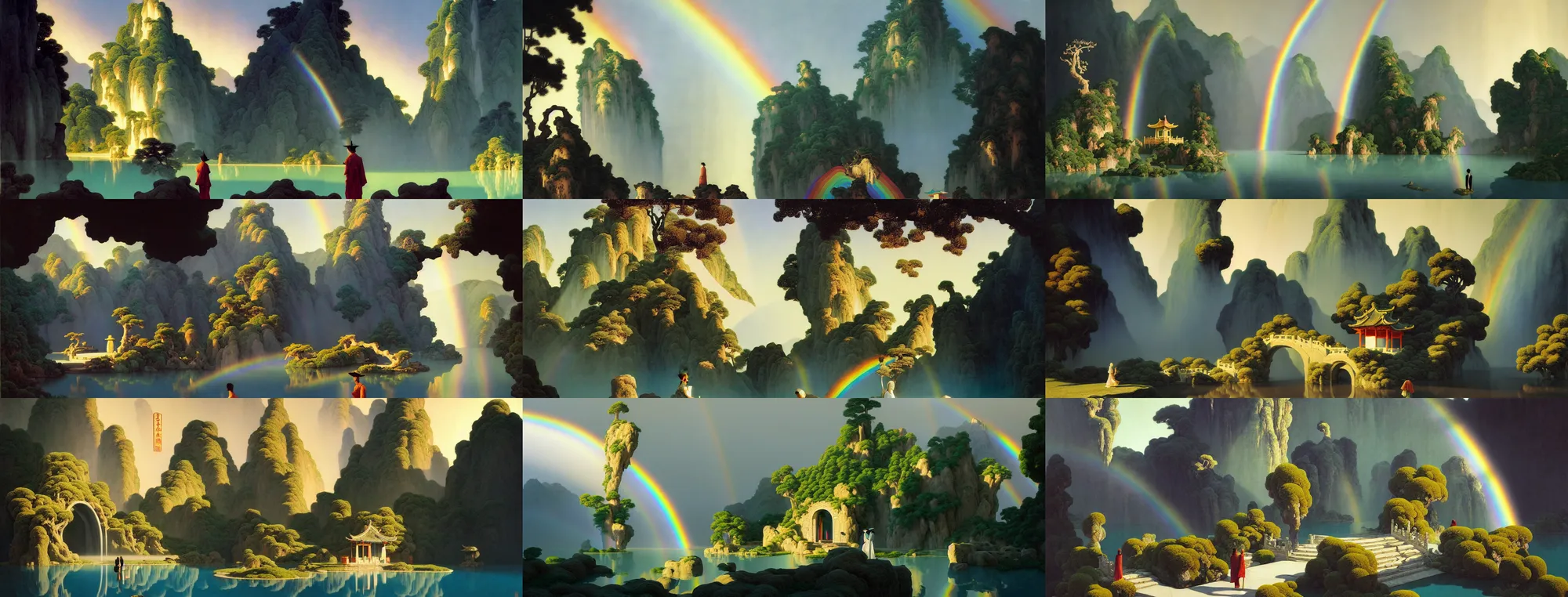 Image similar to a gorgeous landscape painting by barlowe wayne, maxfield parrish and marco mazzoni. chinese temple. sunny morning. a lonely chinese wuxia walks on the winding stone steps, stone gate to the dark cave, 3 d, octane render, turbulent lake, waterfall. fog, just one rainbow. 8 k.