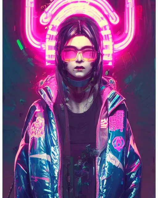 Image similar to detailed portrait neon operator girl, cyberpunk futuristic neon, reflective puffy coat, decorated with traditional japanese ornaments by ismail inceoglu dragan bibin hans thoma greg rutkowski alexandros pyromallis nekro rene maritte illustrated, perfect face, fine details, realistic shaded, fine - face, pretty face