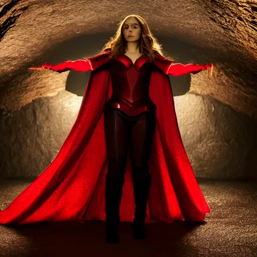 Image similar to movie still of elizabeth olsen as the scarlet witch, facing away from the camera, standing in the middle of a dark cave, holding red magic from her hands, illuminating the area, golden ratio!!!!!, centered, trending on artstation, 8 k quality, cgsociety contest winner, artstation hd, artstation hq, luminous lighting