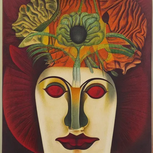 Image similar to floral face portrait by leonetto cappiello and wojciech siudmak and ernst fuchs, anni albers, oil on canvas