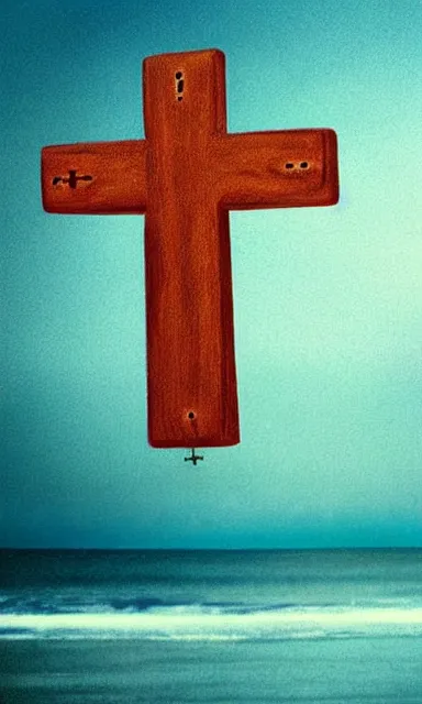 Prompt: upside - down cross rising out of a calm and serene!! ocean, album cover, relaxing tones, muted tones, expressionist, minimalist,