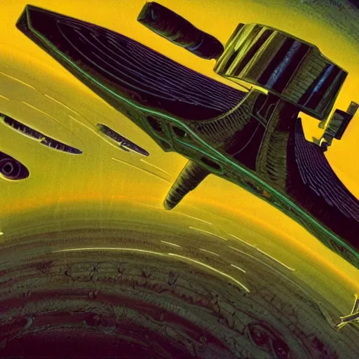 Prompt: this is an image of a sci fiction spaceship being chased by aliens, but they're staring directly at us, wide angle view, in the style of roger dean, hyper detailed