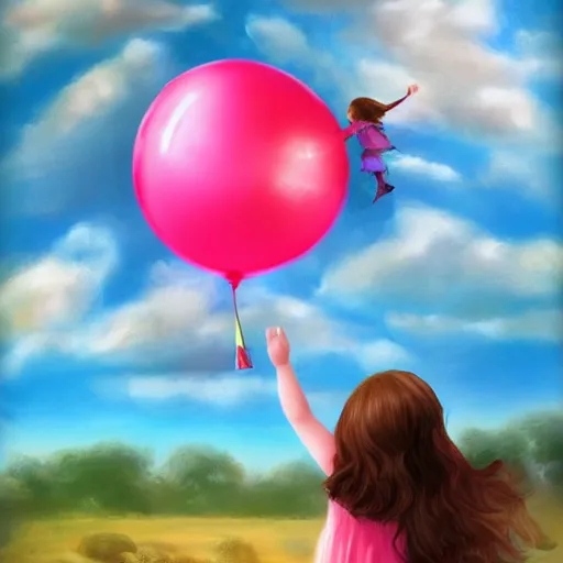 Prompt: a little girl child holding balloons and flying in the sky , dream ,magical, concept art trending on artstation,