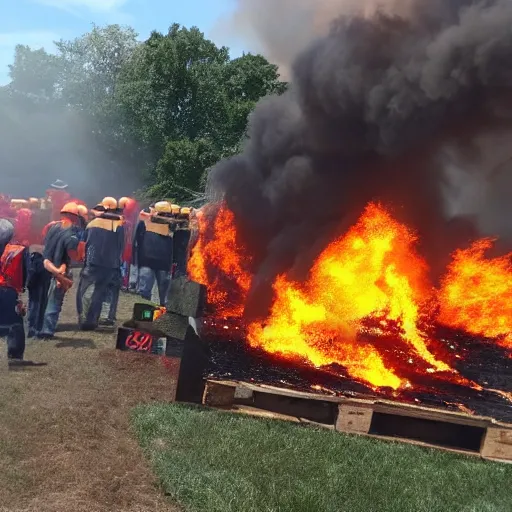 Prompt: Pallets stacked with bags of mulch at Lowe's, on fire