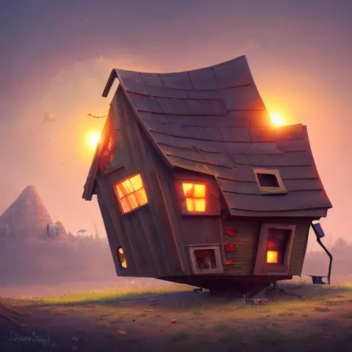 Prompt: a walking wood and metal house with two legs and one big eye, smoky chimney, rust, hyperrealistic, highly detailed, cinematic, single ray of sun, morning, pareidolia, gravity falls style, disney, beautiful, cgssociety, artstation, 8 k, oil painting, digital art