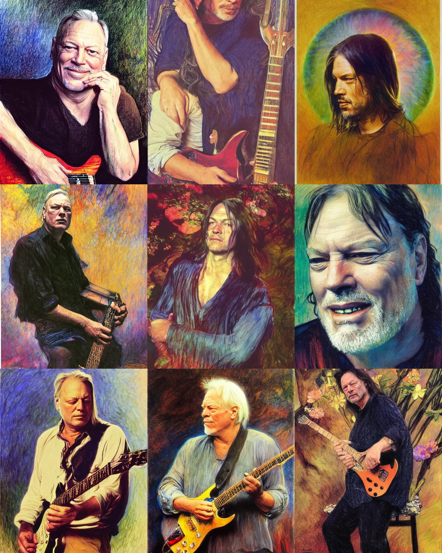 Prompt: david gilmour, colored pencil, portrait painting by richard schmid, thomas moran, frans hals, frank frazetta, craig mullens, alphonse mucha, fashion photography, kaleidoscope