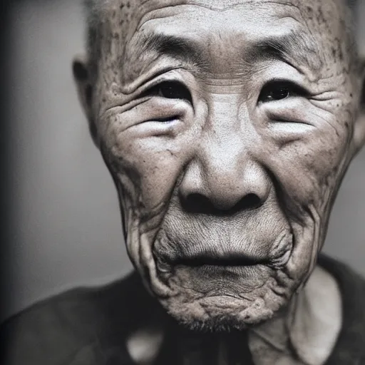 Image similar to a portrait of octogenarian prisoner justin sun with face tattoo of qrcode in prison looking through the laser of his cell, by annie leibovitz, shallow depth of field, cinematic lighting