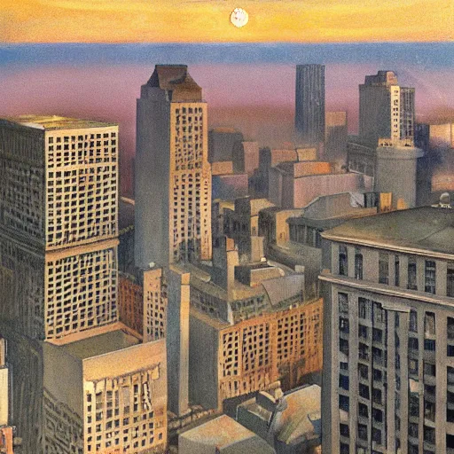 Image similar to muted color ultra realistic painting of a balcony view of 1 9 2 5 boston downtown at night, the sky is distorted and broken like a smashed mirror, and the foreground looks like it is underwater, dark, brooding, night, atmospheric, ultra - realistic, smooth, highly detailed in the style of clyde caldwell