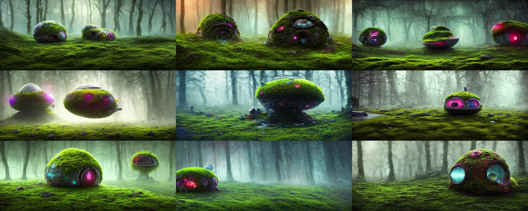 Prompt: intricately designed soft focus colorful illustration of a cute crashed alien spaceship covered in patches of moss, foggy dystopian world, micro detail, 4 k, unreal engine, morning, cinematic, cinematic lighting