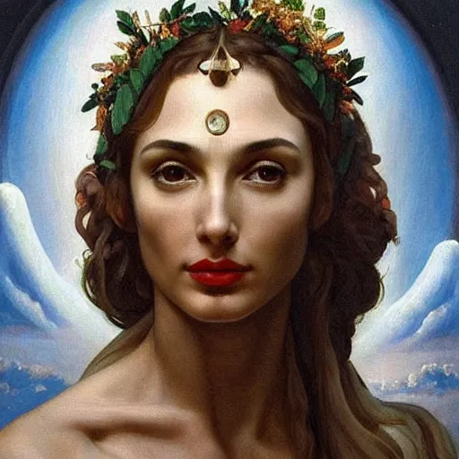 Image similar to Head and shoulders masterpiece portrait oil painting of the beautiful goddess Gal Gadot as Ceres, she is wearing roman clothes and a surreal jewelry, her hair is natural disheveled, she is approaching heaven over the clouds, naturalism, dramatic lighting, high-detailed oil painting by Ilya Repin, Michelangelo da Caravaggio, William Blake, Alex Grey and Beksinski, trending on Artsation, hystorical painting, naturalism, masterpiece, 4k, 8k,