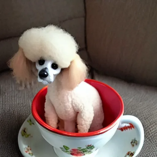 Image similar to very realistic cute poodle sitting inside a tea cup