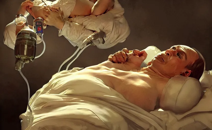 Image similar to Putin suffocates with oxygen mask on a death bed, intricate, portrait, highly detailed, digital painting, artstation, concept art, smooth, sharp focus, illustration, cinematic lighting, art by artgerm and greg rutkowski and alphonse mucha