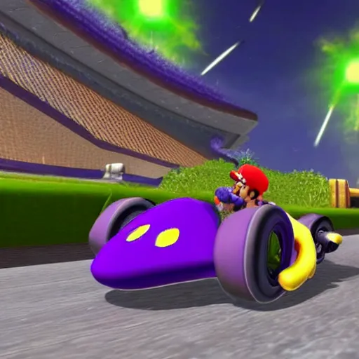 Prompt: Thanos in Mario Kart game, screenshot, realistic,