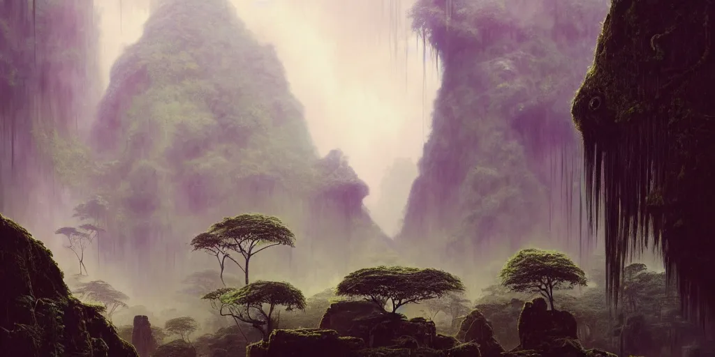 Image similar to a expressive landscape of mayan ancient jungle, artstation, award - winning realistic sci - fi concept art by jim burns and greg rutkowski, beksinski, a realism masterpiece, expressive color palette, james gilleard, bruegel, alphonse mucha, and yoshitaka amano