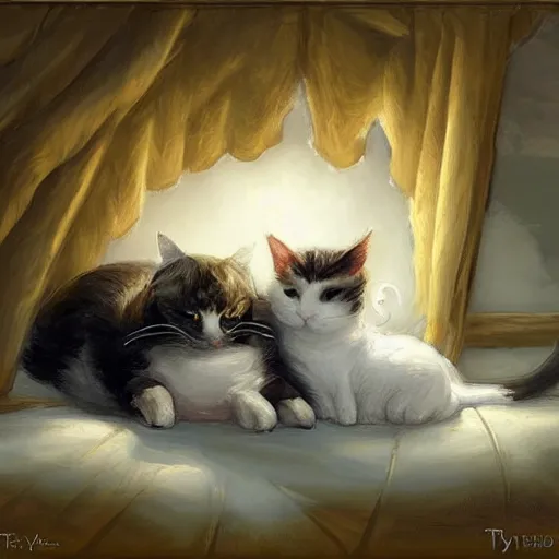 Image similar to a fat black and white male cat and a slim tortoiseshell female cat sleeping peacefully together in cat heaven, dreamy puffy clouds, painted by Tyler Edlin