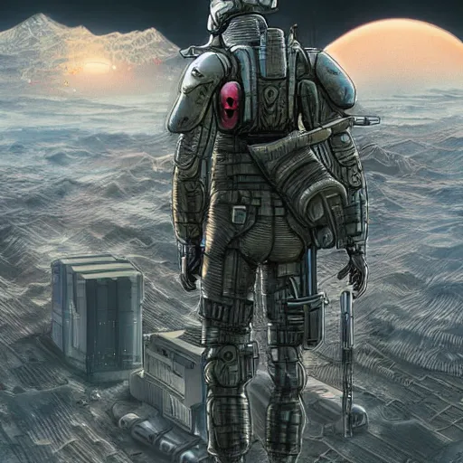 Prompt: a cyberpunk soldier with tactical gear and a rifle patrols a japanese city on mars, Industrial Scifi, detailed illustration, character portrait, by Martin Grip and Moebius