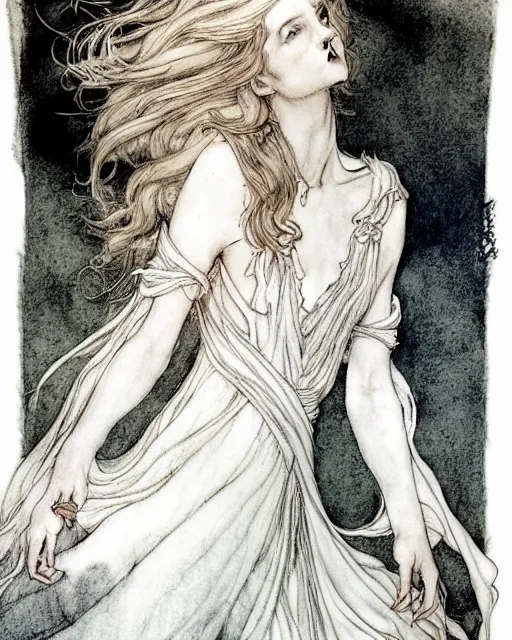 Image similar to in the style of artgerm, arthur rackham, evan rachel wood, flowing white dress