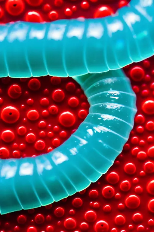 Image similar to high quality close-up photo translucent gelatinous worms! gorgeous red dots highly detailed hannah yata elson peter cinematic turquoise lighting high quality low angle hd 8k sharp shallow depth of field