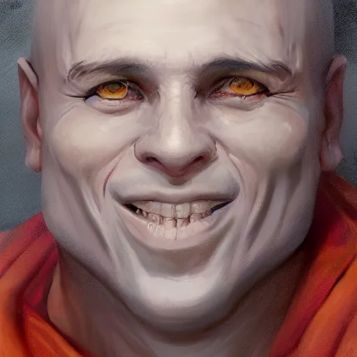 Image similar to a head - on detailed oil portrait of a friendly round - faced bald male monk with a friendly smile, by charlie bowater, lise deharme, wlop, trending on artstation, dungeon and dragons art, critical role