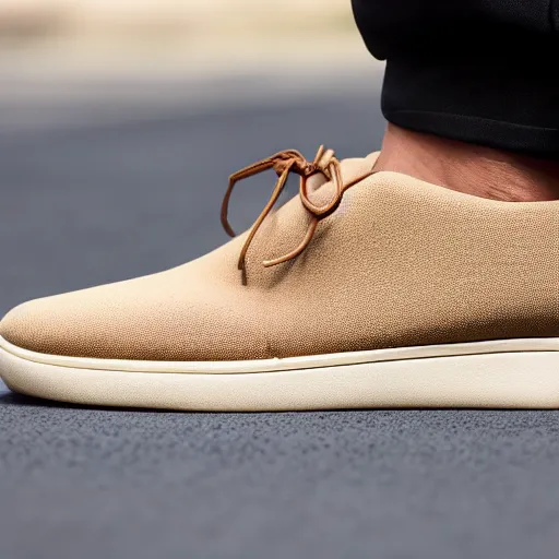 Image similar to a distinctively curved silhouette desert sand color shoe, upper of the shoe is made from a lightweight foam material, which gives the shoe its unique look. the foam material used on the midsole and outsole of the shoe, foam - based slip - on shoe, looks like a crocs, studio lighting, studio portrait