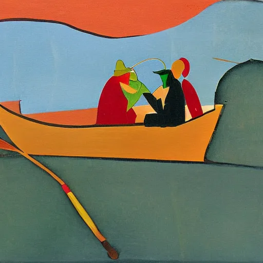 Image similar to Cubist painting of two elves fishing in a boat at sunset on a quiet pond