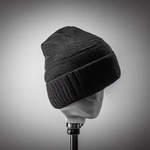 Image similar to a professional focus studio photograph close - up shot of a beanie, professional lighting, studio lighting, dramatic, realistic