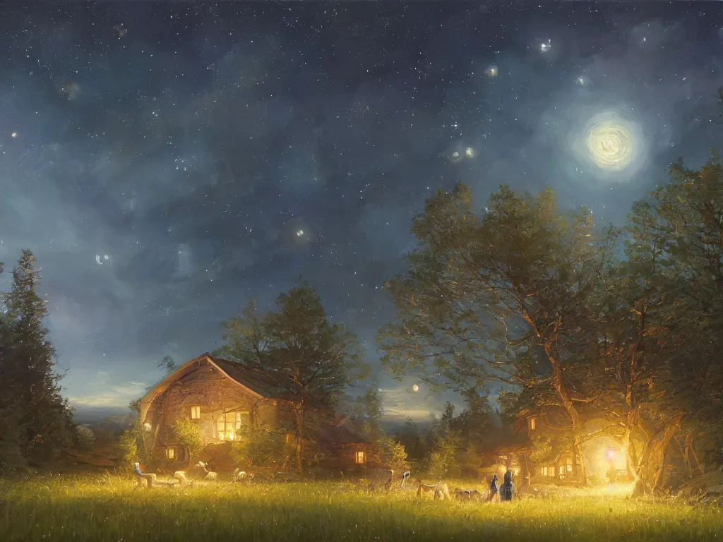 Image similar to A starry night in the swedish countryside, by Studio Ghibli and Greg Rutkowski, artstation, painting by Vladimir Volegov