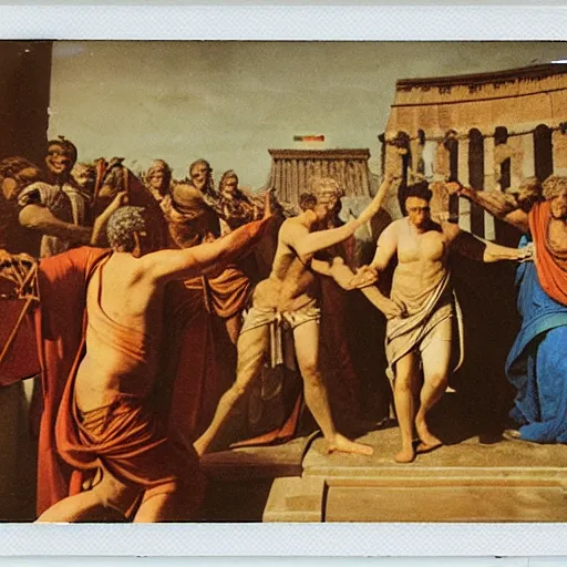 Image similar to a Polaroid photo of the death of Julius Caesar in ancient Rome