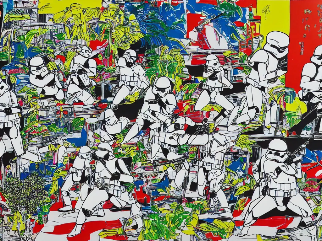 Image similar to detailed close - up image of the japanese home with a garden, stormtroopers in hot springs, pop - art style, jacky tsai style, andy warhol style, roy lichtenstein style, rich palette, acrylic on canvas