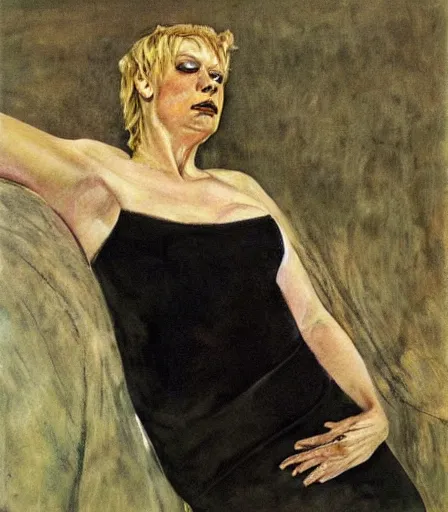 Image similar to a high quality, high detail, portrait of a drag queen by andrew wyeth and lucian freud, moody, melancholic