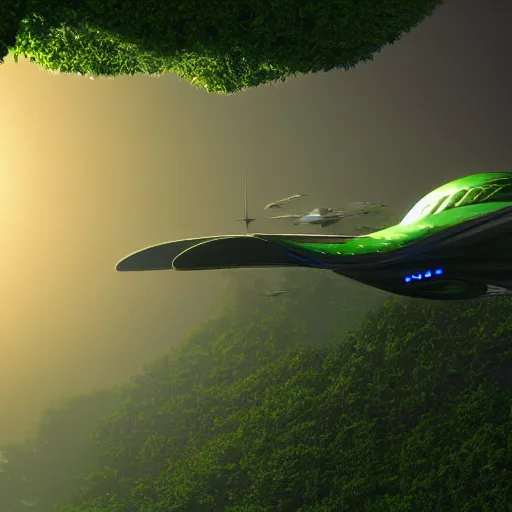 Prompt: futuristic spaceship flying through the atmosphere of a planet, lush green rainforest below, artstation, realistic, 8k, highly detailed