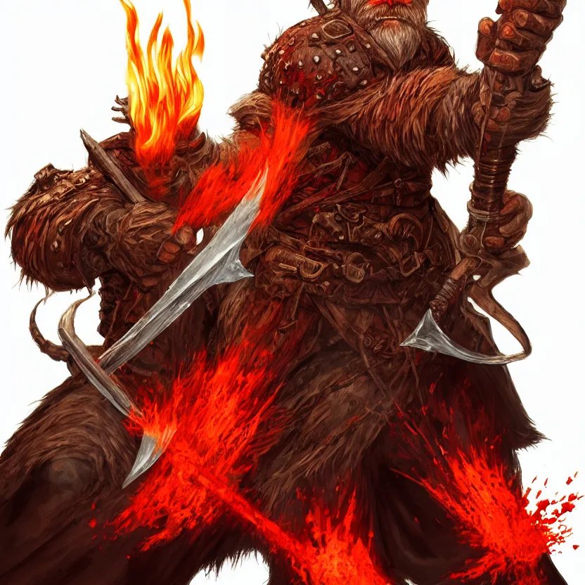 Prompt: red bugbear, class hunter, d & d, dungeons and dragons eastern, holding flaming sword, beard, male, cell shaded, character design on white background, gnarly details, by alan lee, kim jung giu, trending on artstation, denoised
