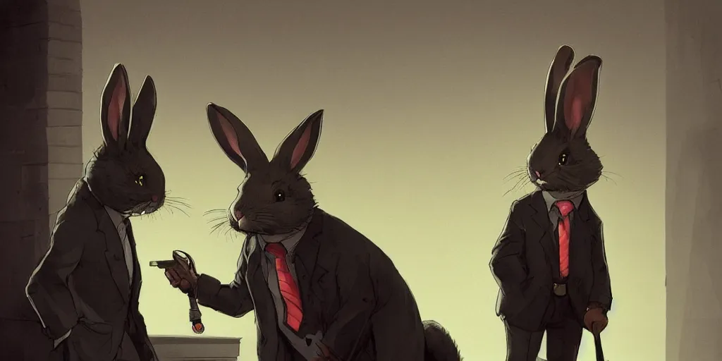 Image similar to rabbit wearing a tie is talking to a detective ferret in a dark alley, warm color palette, night time, dramatic lighting, noir film, character sheet, fine details, high contrast, blacksad, kim jung gi, greg rutkowski, trending on artstation, 8 k, front view, back view, ultra wide angle