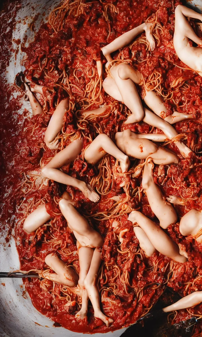 Image similar to photo of a messy surrealistic mess of beautiful woman bodies in a spaghetti bolognesa dish , high cuisine photo, three star Michelin, photo-real,