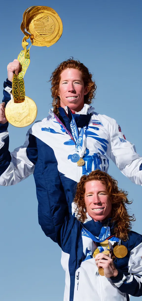 Prompt: high quality portrait of shaun white holding a gold medal with blue sky above him, rule of thirds, full body shot, sharp focus, extremely detailed, studio photography