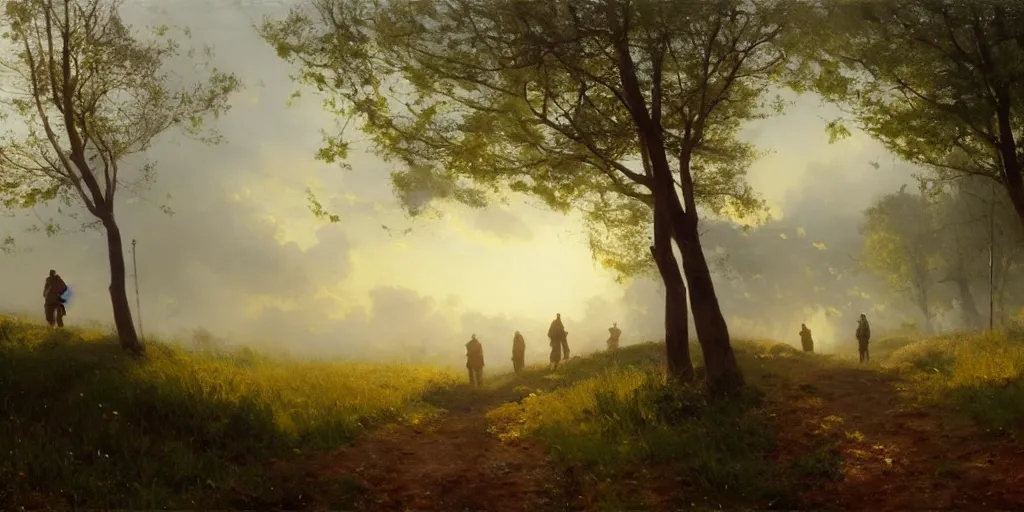 Image similar to a big hillside meadow in 1 9 4 0 with blue light on, sunny day, a men stand up on the road, mystical orange fog, oil on canvas, art by andreas achenbach, clemens ascher, tom bagshaw and sabbas apterus,