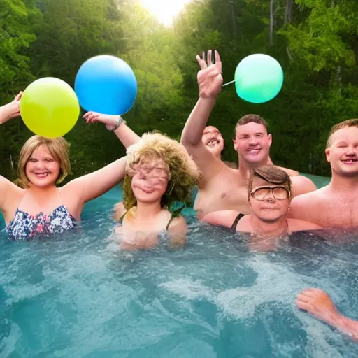 Image similar to people in a hot tub by a cabin in nature, everyone holding a balloon each