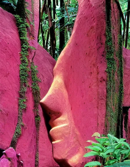 Prompt: vintage color photo of a giant 1 1 0 million years old abstract sculpture made of liquid pink and gold covered by the jungle vines