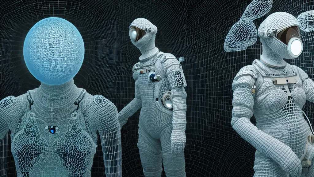 Image similar to a cybernetic symbiosis of a single astronaut eva suit made of wearing knitted yarn thread infected with diamond 3d fractal lace iridescent bubble 3d skin covered with insectoid compound eye camera lenses floats through the living room, film still from the movie directed by Denis Villeneuve with art direction by Salvador Dalí, wide lens,