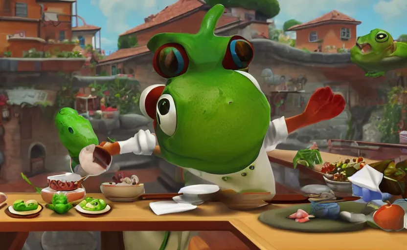 Image similar to ps 4 game about a cute frog chef in italy, unity screenshot,