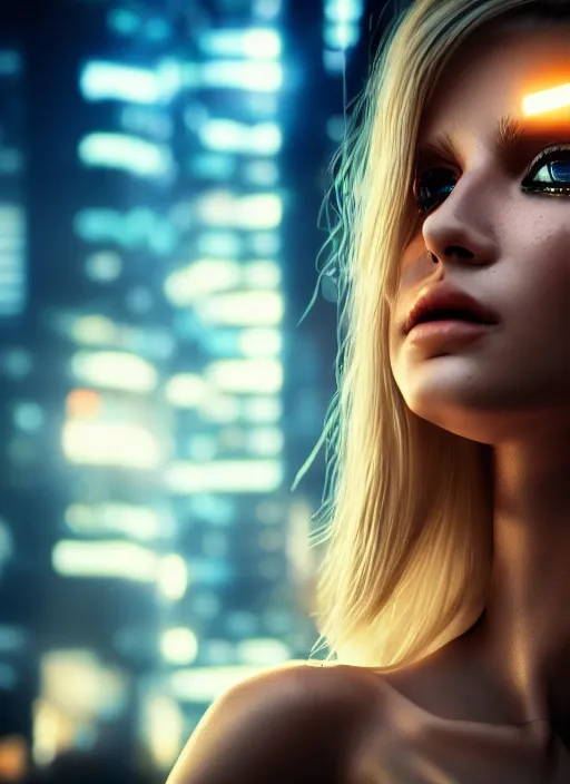 Prompt: photo of a gorgeous blonde female in cyberpunk city, realistic, sharp focus, 8 k high definition, insanely detailed, intricate, elegant,, greg kutkowski, high contrast dramatic lighting