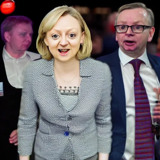 Image similar to hyperrealistic photography of elizabeth truss, conservative MP, lost and confused in a rave with michael gove