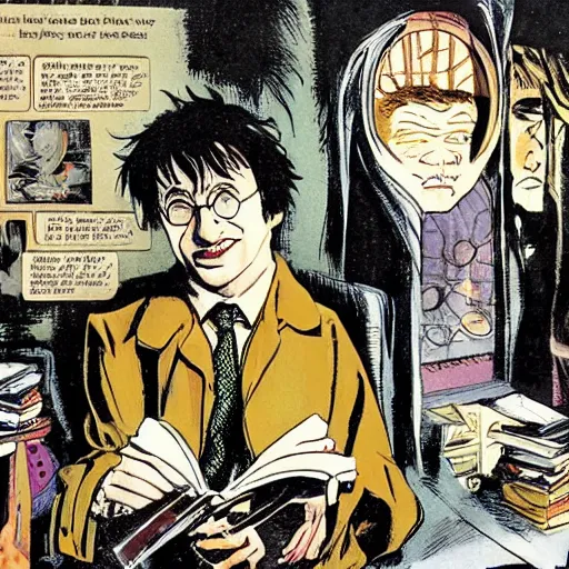 Image similar to in one frame Harry Potter talking in The Sandman comic, by Neil Gaiman, by Dave McKean, comics Sandman, small details, whole-length, clear faces