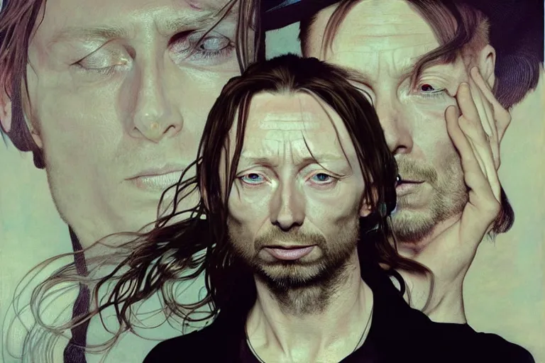 Prompt: hyper realistic portrait of thom yorke mixed with tilda swildon, bigger forehead, bigger chin, from the side, by lee bermejo, alphonse mucha and greg rutkowski