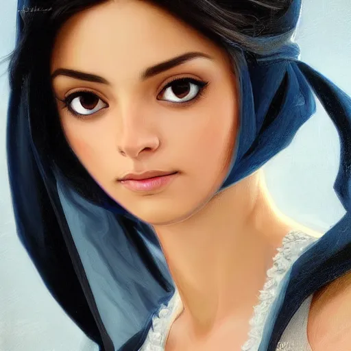 Prompt: modern tanned Ameera al-Taweel, blue eyes, wavy black hair, white veil, highly detailed, digital painting, artstation, concept art, smooth, sharp focus, illustration, ArtStation, art by artgerm and greg rutkowski and alphonse mucha and J. C. Leyendecker and Edmund Blair Leighton and Katsuhiro Otomo and Geof Darrow and Phil hale and Ashley wood and Ilya repin and Charlie Bowater