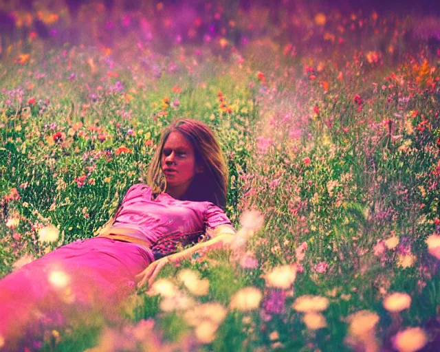 Prompt: oversaturated, burned, light leak, expired film, photo of a girl laying in a field of busy flowers