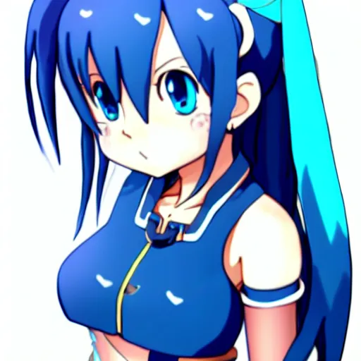 Prompt: Aqua from Konosuba, trending on pixiv, trending on artstation, blue hair, blue clothes